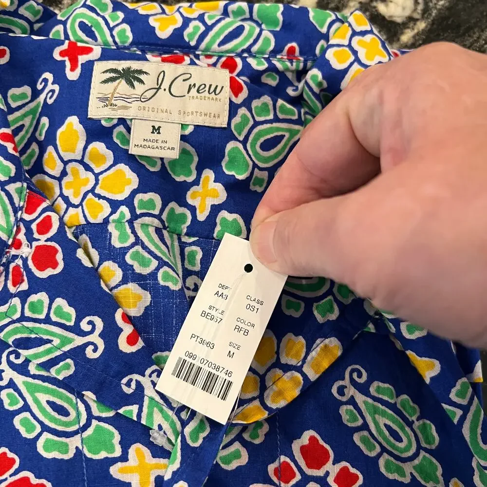 NWT J. Crew Blue Floral Short-Sleeve Slub Cotton Camp-Collar Shirt - SIZE M